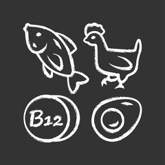 Vitamin B12 chalk icon. Fish, poultry and egg. Healthy eating. Cobalamin natural food source. Proper nutrition. Minerals, antioxidants. Isolated vector chalkboard illustration