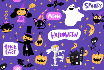 Vector seamless pattern for Halloween with funny cartoon characters.