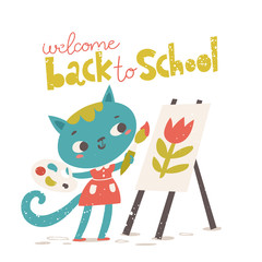 Hello Autumn poster with cat with an umbrella