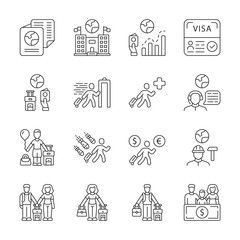 Immigration linear icons set. Travel abroad. Trip planning, vacation organization. Refugee help. Migrant protection. Thin line contour symbols. Isolated vector outline illustrations. Editable stroke