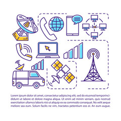 Telecommunication, broadcasting industry article page vector template. Brochure, magazine, booklet design element with linear icons and text boxes. Print design. Concept illustrations with text space