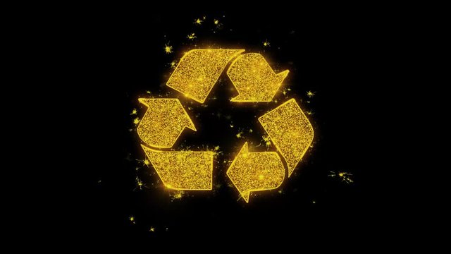 Triangular Arrows Recycle Icon Sparks Glitter Particles on Black Background. Shape, Design, Text, Element, Symbol Alpha Channel 4K Loop.