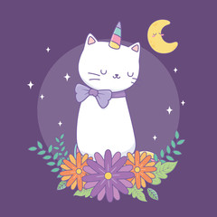 cute caticorn with floral decoration at night