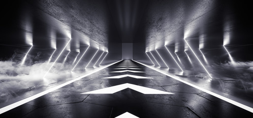 Smoke Sci Fi Arrows Lines Arc Spaceship Glowing Neon White Ice Futuristic Virtual Grunge Concrete Cement Reflective Dark Night Tunnel Corridor Hallway Gate Ceiling Floor 3D Rendering