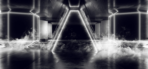 Smoke Futuristic Sci Fi Neon Glowing White Concrete Grunge Columns Hall Room Tunnel Corridor Scene Stage Virtual Stage Empty Dark Night Spaceship Hi Tech 3D Rendering