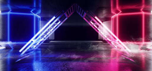 Smoke Futuristic Sci Fi Neon Glowing Purple Pink Blue Concrete Grunge Columns Hall Room Tunnel Corridor Scene Stage Virtual Stage Empty Dark Night Spaceship Hi Tech 3D Rendering