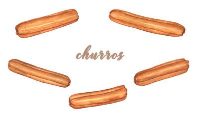 Watercolor spanish, mexican and brazil churros - roasted pastry dessert. Set, collection, bundle. Hand drawn illustration with 5 colorful sticks.