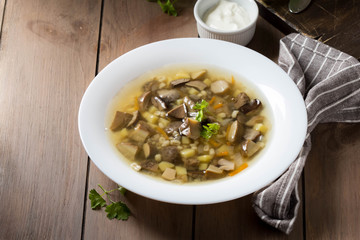 Soup of wild mushrooms (aspen, white, boletus) with vegetables, potatoes, pearl barley. Traditional Russian first course, delicious food for lunch, hot cozy dish