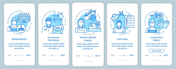 Summer part-time jobs blue onboarding mobile app page screen with linear concepts. Construction worker, caddy. walkthrough steps graphic instructions. UX, UI, GUI vector template with illustrations