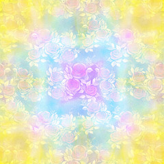 Fototapeta na wymiar Watercolor flowers on tinted watercolor paper background. Roses.Seamless background. Collage of flowers and leaves. Use printed materials, signs, objects. Abstract wallpaper with floral motifs.