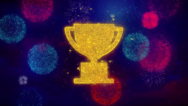Trophy Win Cup Icon Symbol on Colorful Fireworks Particles. Object, Shape, Design, Text, Element, 4K Loop Animation.