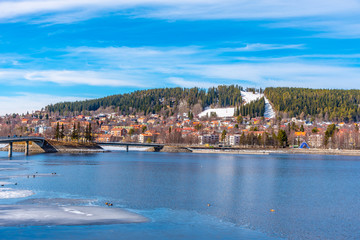 View of the Froso island and skyline of Ostersund in Sweden