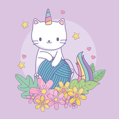 cute caticorn with floral decoration and ball of wool