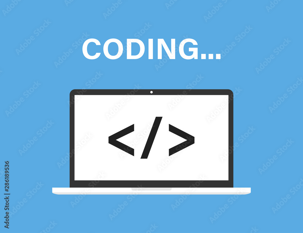 Poster codding concept of development and software. laptop with program code sign on screen. digital indust