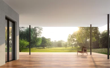 Tuinposter Empty contemporary terrace with garden view 3d render, There are wooden floor and concrete tile wall, funished with leather chair,looking out over the large garden in the morning. © onzon