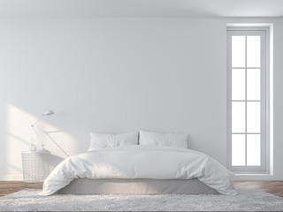 Bright white bedroom 3d render,There are wooded floor and  white empty wall,Furnished with white bed set.sunlight shining into the room.