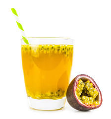 Maracuja Juice as detailed close-up shot isolated on white background (selective focus).