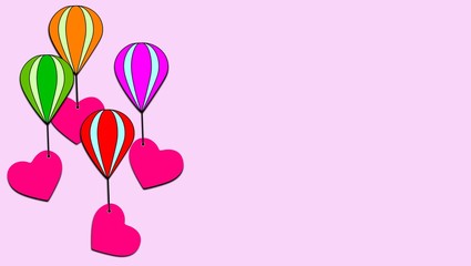 Group of hearts flying in a balloon. Illustration on light background. Feelings in the air. Colorful flight.