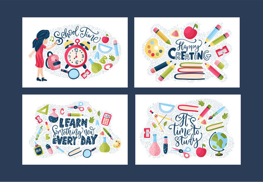 Vector school card set. Back to school poster collection with education supplies, girl student and lettering quotes in cartoon flat and doodle style. Stationery illustration.
