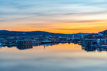 Sunset aerial view of Swedish town Sundsvall