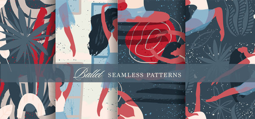 Ballet dancer girl seamless pattern set. Abstract vector illustration. Flat and Hand drawn brush ink textured art collection.