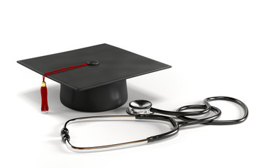 Medical education concept. Stethoscope and graduation cap. 3D Rendering.