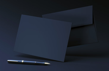 Black envelope on dark background. Premium envelope mock up. A6 envelope with blank invitation card. 3d rendering illustration - obrazy, fototapety, plakaty