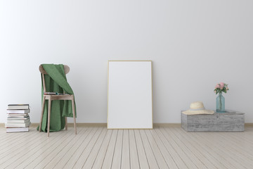 Poster mockup with meta vertical frame standing on floor in living room interior with with chair, drawer, straw hat and green plaid on white wall