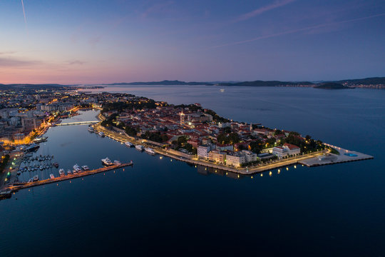 Zadar at night, aerial photo,