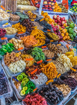Cusco, Peru - 05/24/2019: Colorful San Pedro market produce in Cusco, Peru. 