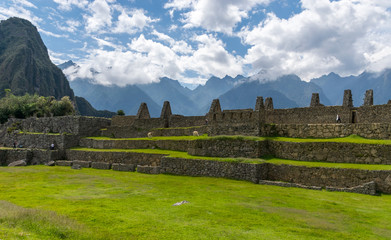 Fototapeta na wymiar Machu Picchu, Peru - 05/21/2019: Central Plaza at the Inca site of Machu Picchu in Peru.