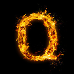 Letter Q. Fire flames on black isolated background, realistick fire effect with sparks. Part of alphabet set