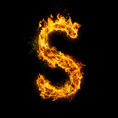 Letter S. Fire flames on black isolated background, realistick fire effect with sparks. Part of alphabet set