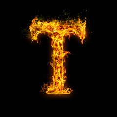 Letter T. Fire flames on black isolated background, realistick fire effect with sparks. Part of alphabet set