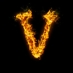 Fototapeta na wymiar Letter V. Fire flames on black isolated background, realistick fire effect with sparks. Part of alphabet set