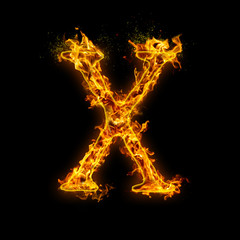 Fototapeta na wymiar Letter X. Fire flames on black isolated background, realistick fire effect with sparks. Part of alphabet set