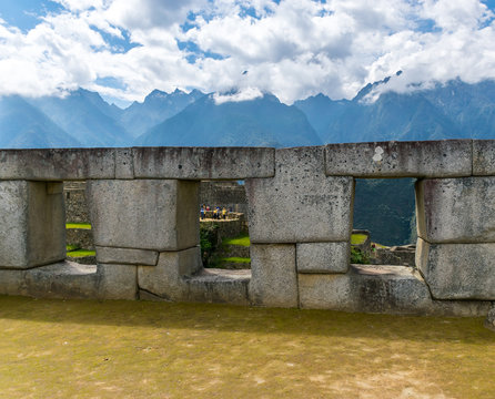 Machu Picchu, Peru - 05/21/2019: Temple of the Three Windows at the  Inca site of Machu Picchu in Peru.