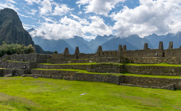 Machu Picchu, Peru - 05/21/2019: Central Plaza at the  Inca site of Machu Picchu in Peru.