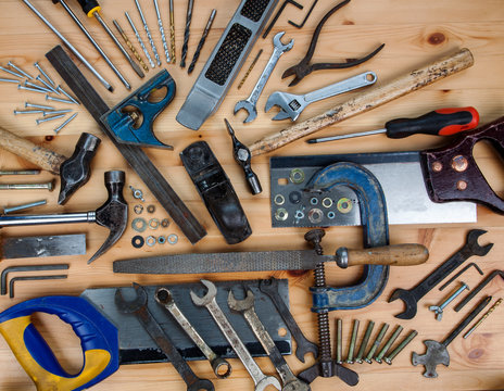 A set of DIY & woodwork tools & equipment for home improvement - all used, worn, paint spattered and second hand.