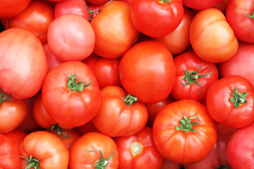 Fresh ripe red tomatoes. Top view. Close-up. Background. Texture.