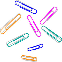 multicolored paper clips on a sheet of white paper, white background