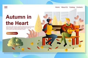 Time together concept. guy plays guitar for the girl romantic music in the autumn park. Web landing page design template autumn fun