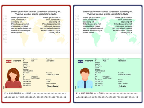 Vector Blank open international passport template. passport with sample personal data page. personal data page with woman photo and man photo . vector illustration