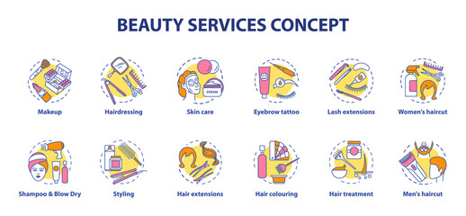 Fototapeta premium Beauty services concept icons set. Beauty salon, SPA face skin care procedures idea thin line illustrations. Hairdressing and makeup. Vector isolated outline drawings. Editable stroke