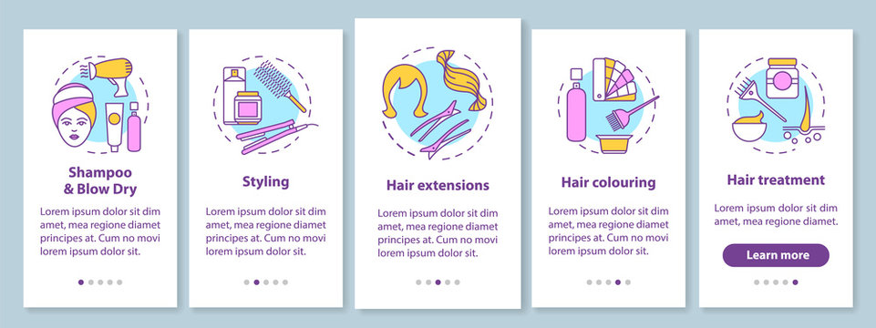 Hairdresser salon services onboarding mobile app page screen with linear concepts. Hair styling walkthrough steps graphic instructions. UX, UI, GUI vector template with illustrations