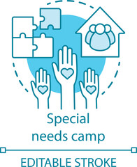 Special needs camp concept icon. Summer handicapped, charity club, community idea thin line illustration. Social aid, assistance organisation. Vector isolated outline drawing. Editable stroke