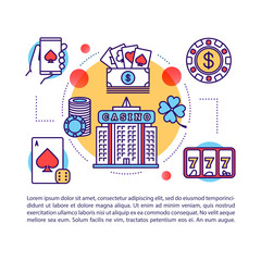 Casino article page vector template. Las Vegas. Gambling & games of chance. Poker, slots, betting. Brochure, magazine, booklet element with linear icons and text. Print design. Concept illustrations