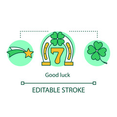 Good luck concept icon. Fortune idea thin line illustration. Horseshoe anf four leaf clover symbols. Lucky seven game. Gambling, casino success. Vector isolated outline drawing. Editable stroke