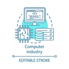 Computer industry concept icon. Hardware, software development. Programming. Data server, CPU. Information technology idea thin line illustration. Vector isolated outline drawing. Editable stroke