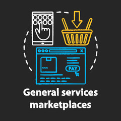 General services marketplaces chalk concept icon. On demand economy, e commerce idea. Online shopping, e payment. Smartphone, browser window and basket vector isolated chalkboard illustration